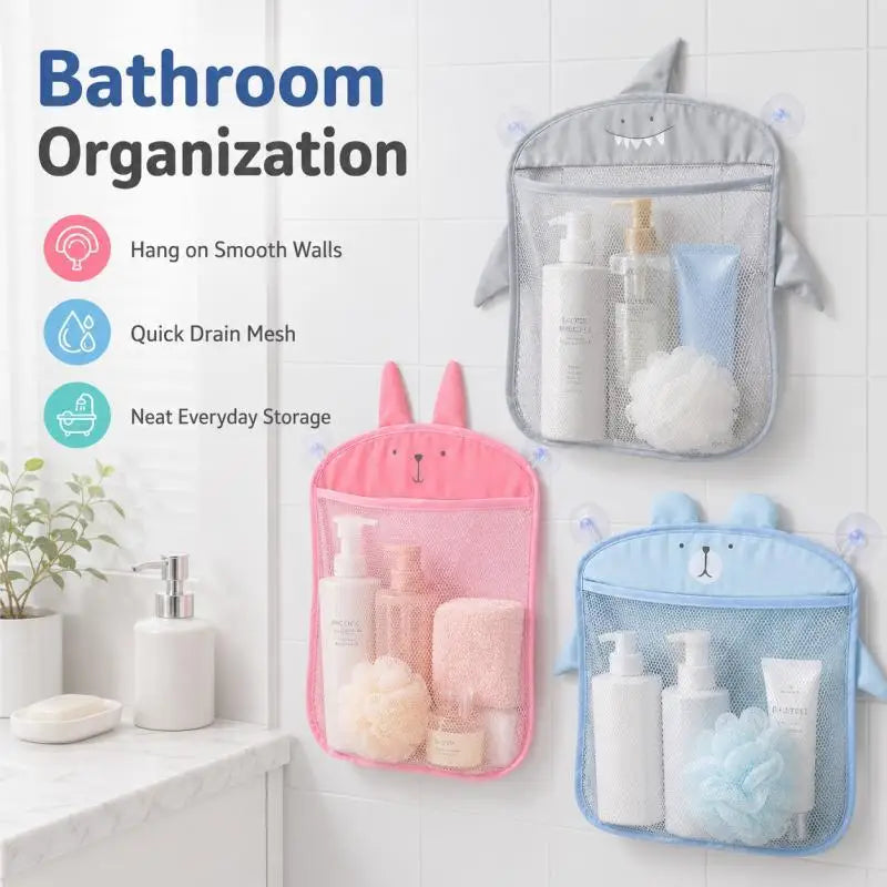 Sac rangement filet rose motif lapin drainage rapide salle bain suction cup