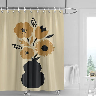 rideau douche moderne floral beige noir or tringle anneaux chromés
