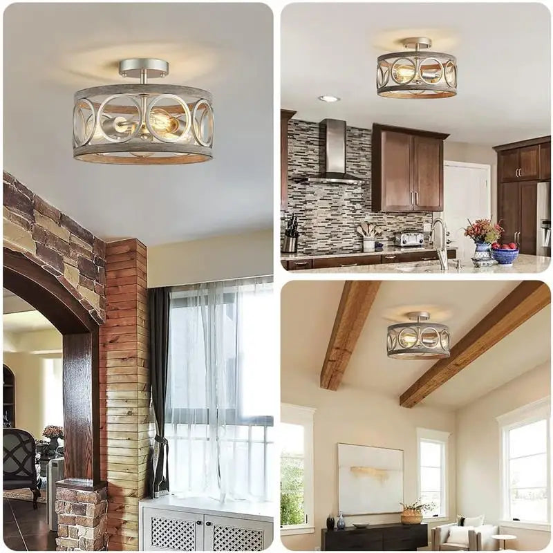suspension lumineuse moderne rustique noir bois naturel anneaux métal argenté ampoules filament