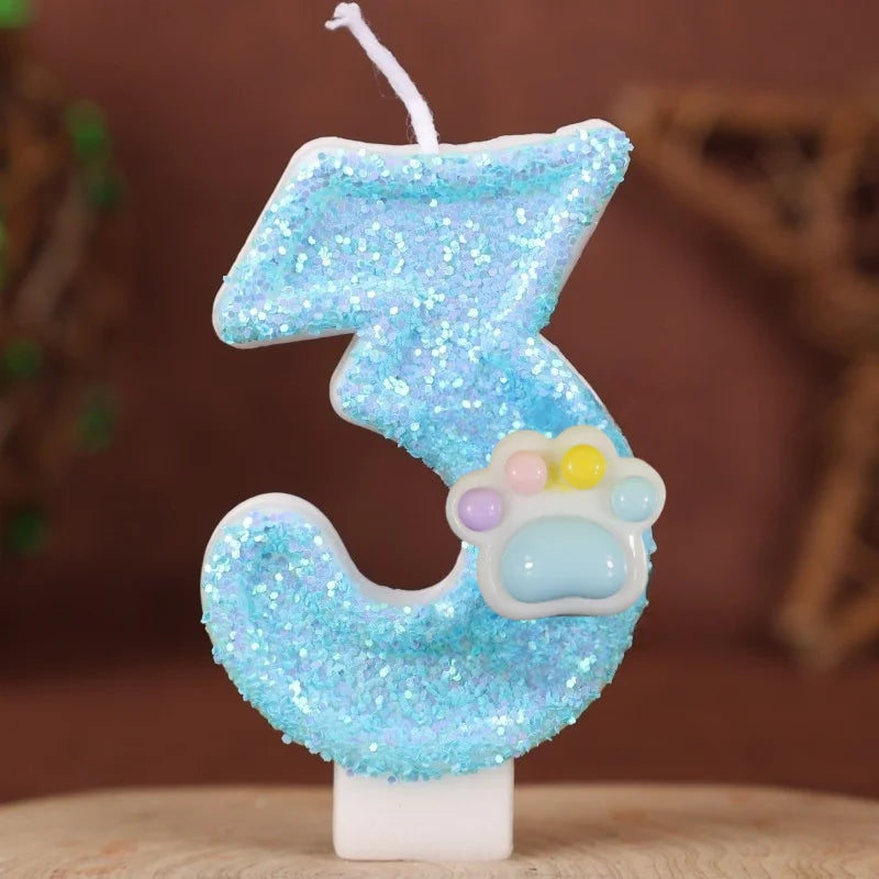 bougies forme chiffre pailletées bleu pâle blanc décoratives anniversaire enfants numérotées