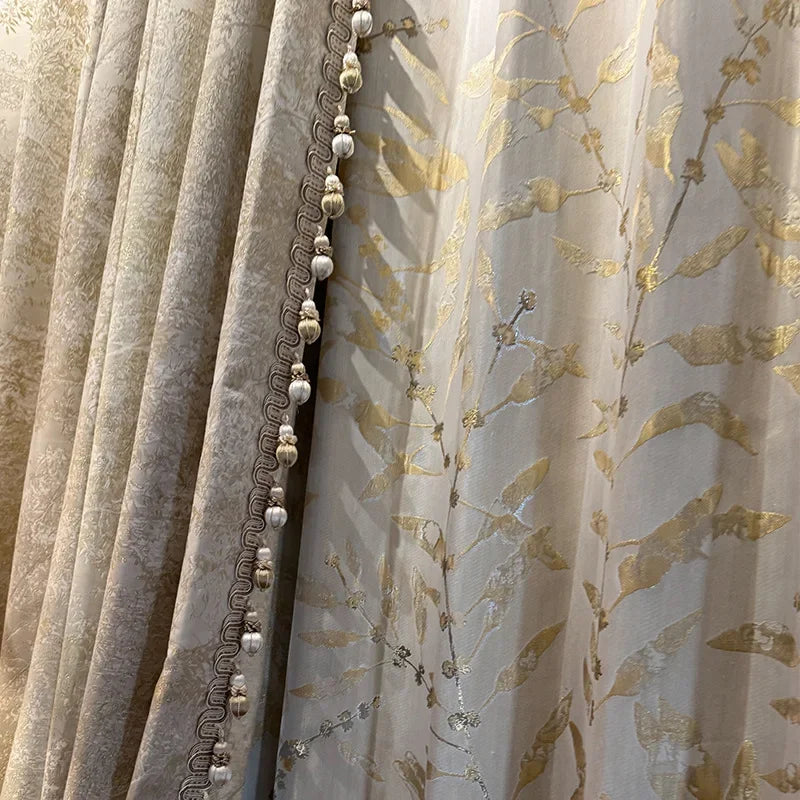 rideau occultant beige doré motif floral brodé classique ruban décoratif luxe
