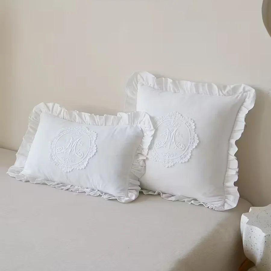 housses coussins brodées motif floral blanc franges romantique shabby chic polyester coton