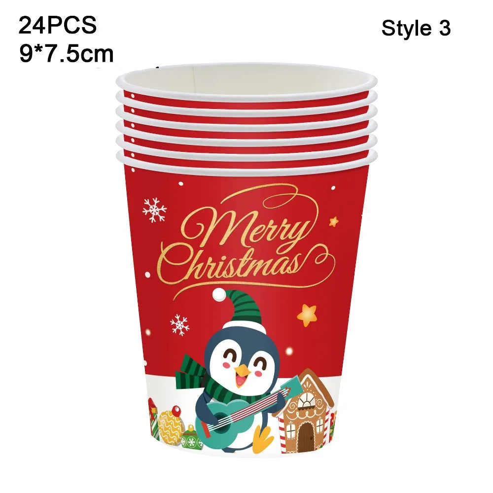 vaisselle noël 24 pièces assiettes fourchettes couteaux serviettes père noël motifs traditionnels rouge blanc