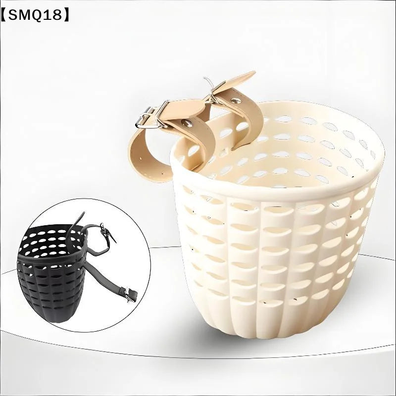 panier vélo rose clair noir perforé cercles moderne pratique cuir boucle