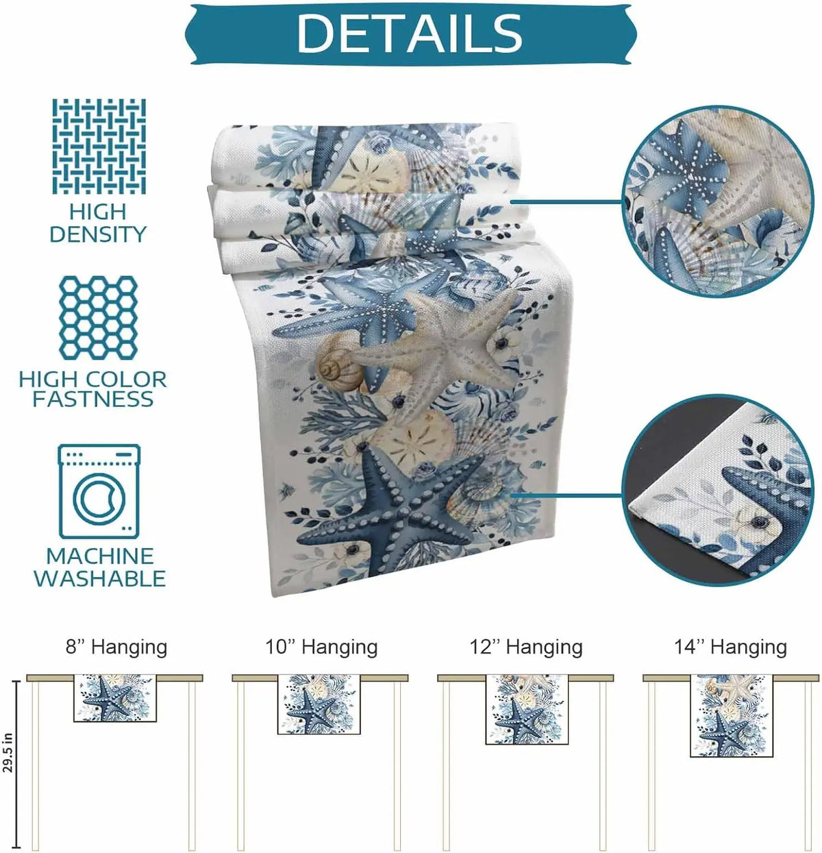 changement drap table lin bleu marine motifs coquillages été plage