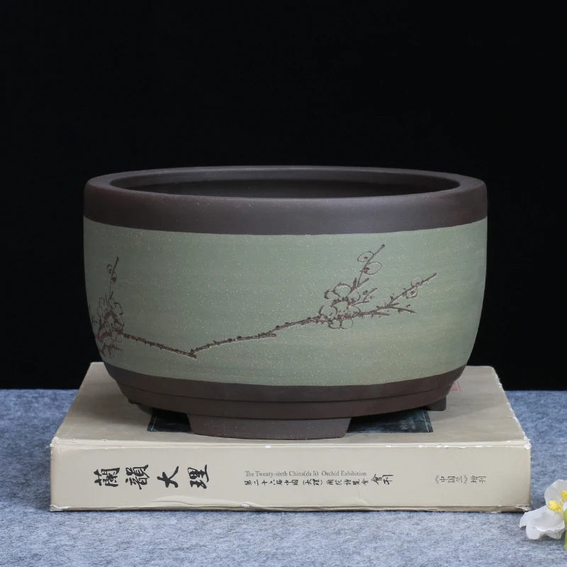 pots bonsaï porcelaine beige noir vert olive branches fleurs dessinées classique traditionnel