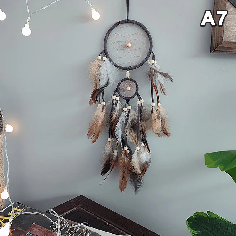 décoration intérieure attrape rêves boho plumes fil coton tressé marron bleu blanc gris