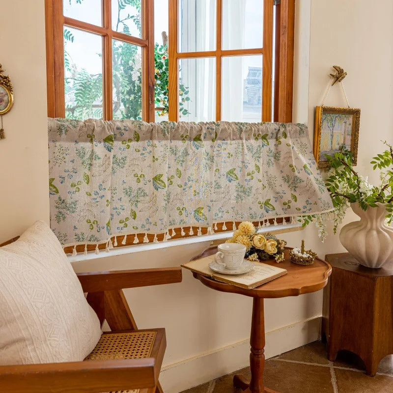 rideau cuisine polyester feuilles fleurs tissé beige vert bleu blanc opacité classique rustique tassels