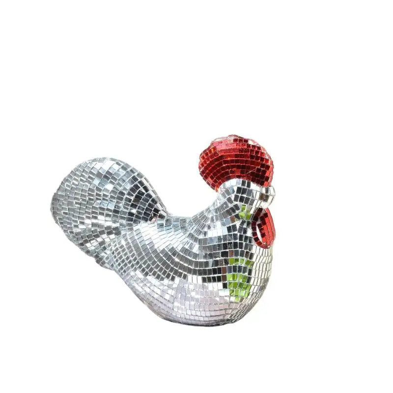 statue coq miroirs argentée rouge décoration festive anniversaire intérieur scintillante mosaïque dimension 17cm 13.5cm