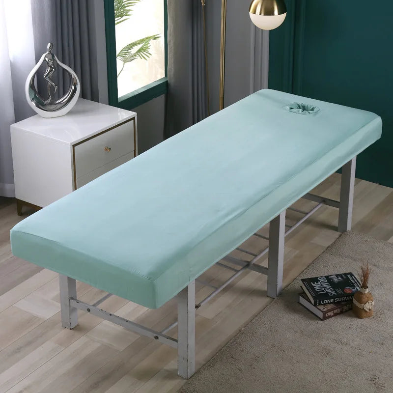 table massage gris blanc vert clair rose pâle uni moderne pieds métalliques couvre lit