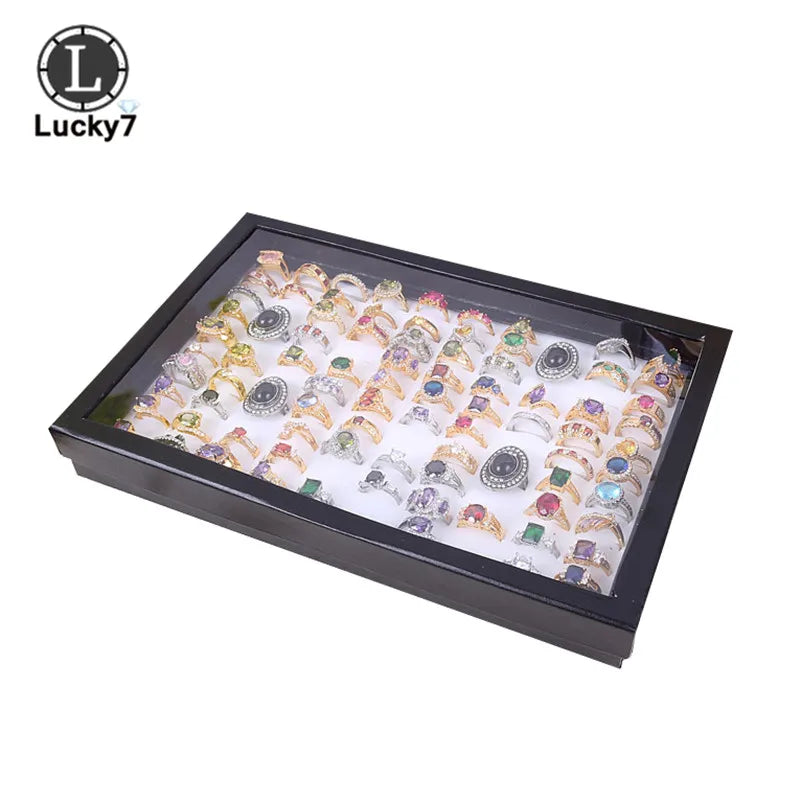 boîte bijoux moderne noir bleu jaune transparente 100 positions exposant anneaux sponge velvet packaging