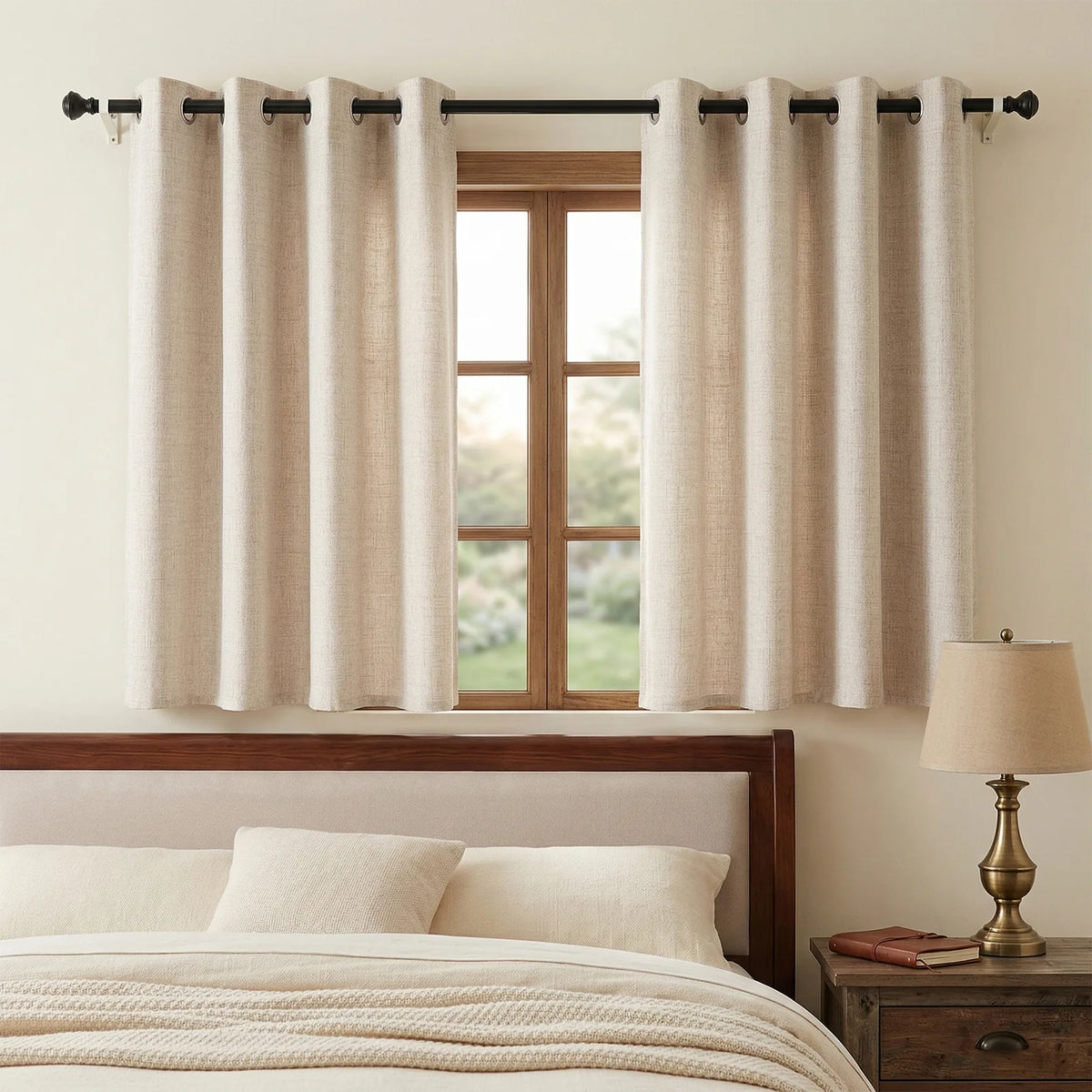 rideau moderne lin beige clair opacité texture naturelle extérieure fenêtre plate anneaux métalliques lampe