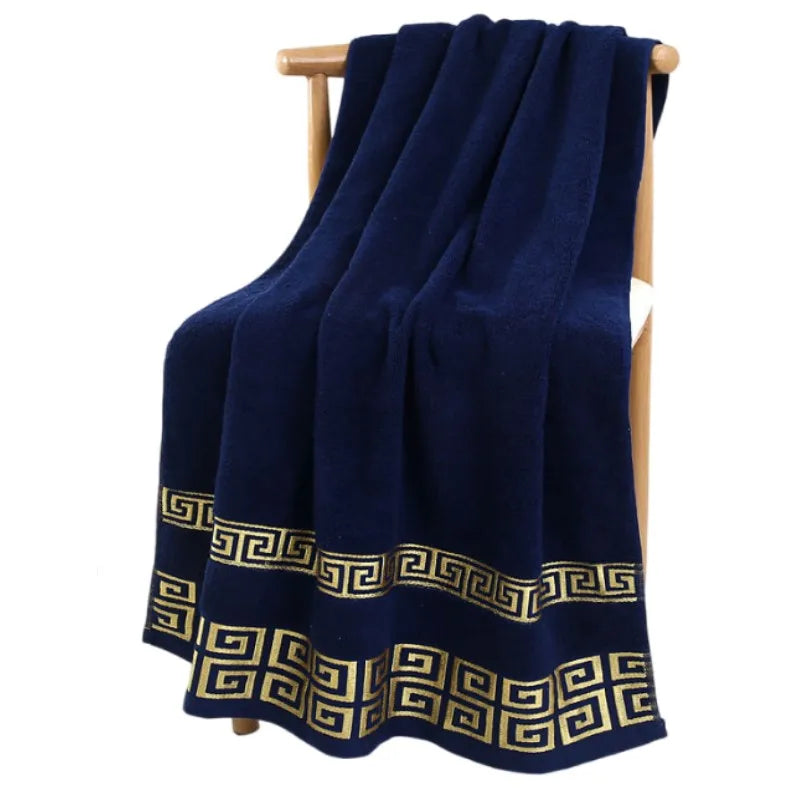 serviettes bain coton brodées géométriques bleu marine marron blanc absorbantes machine