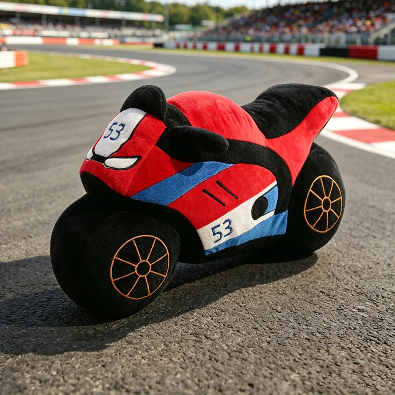 motocyclette peluche bleu rouge moderne sportif numéro 53 détails dorés
