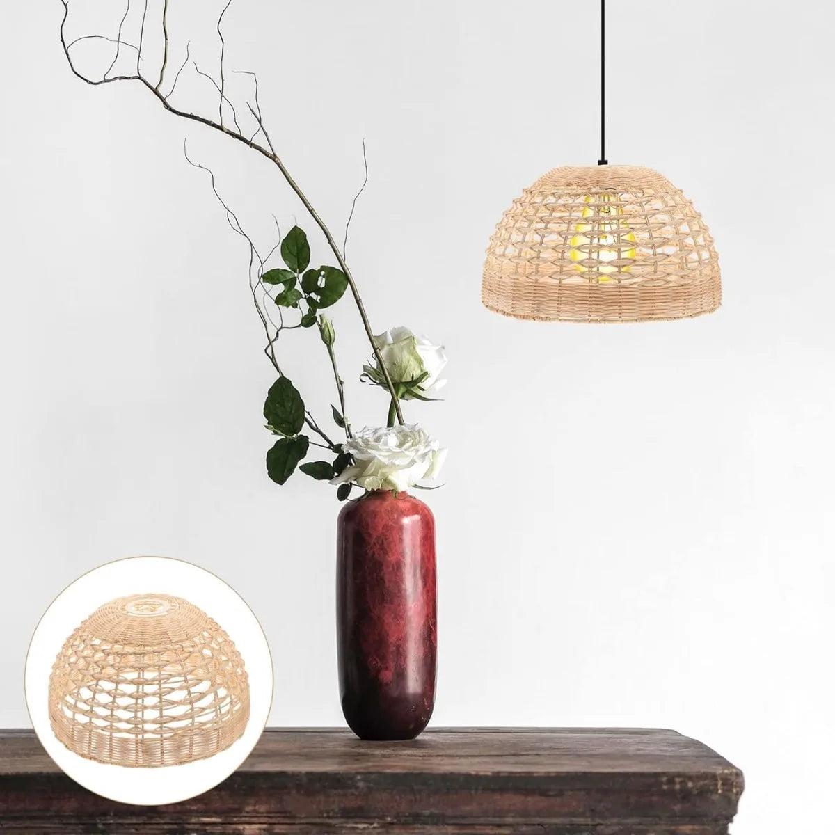 lampe suspendue moderne rotin naturel beige ampoule filament motifs géométriques rustique cordelette facile