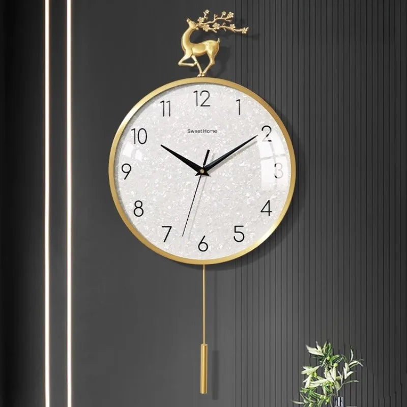 horloge murale moderne or blanc scintillante cerf fleurs déco salon