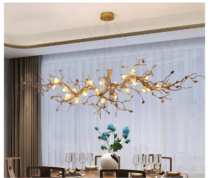 Suspension lumineuse moderne oiseaux transparents branches dorées fleurs blanches led verre chrome poli chambre