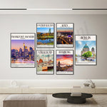 Affiches vintage de destinations allemandes telles que Francfort, Castrop-Rauxel, Cologne, Stralsund et Hamburg, représentant les paysages urbains et les monuments emblématiques de ces villes.