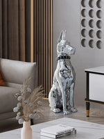 statue moderne chien dobermann bulldog lunettes collier or argent réfléchissant intérieur décoration