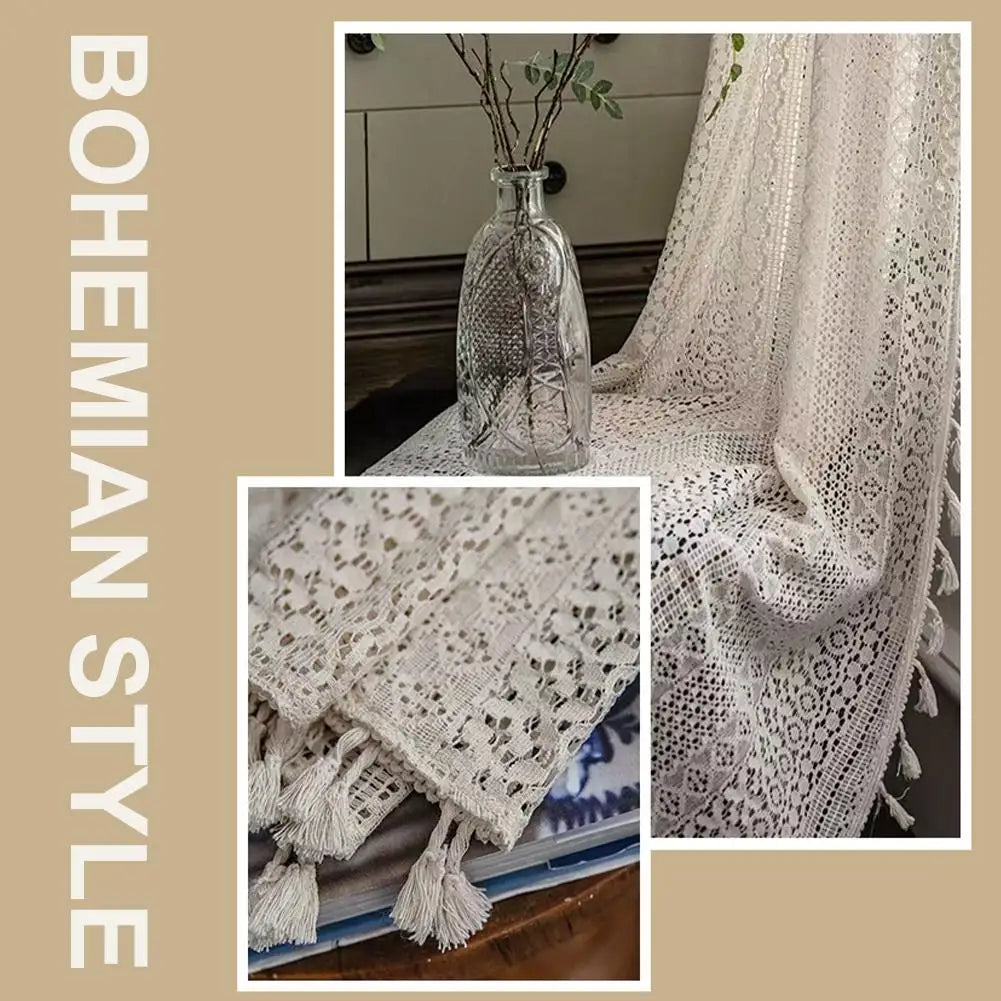rideau crocheté boho chic motifs géométriques pompons blancs translucide polyester beige clair salon 150x100cm