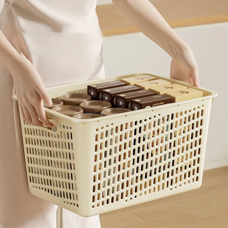 panier rangement perforé moderne poignées réutilisable articles divers boîte plastique beige clair