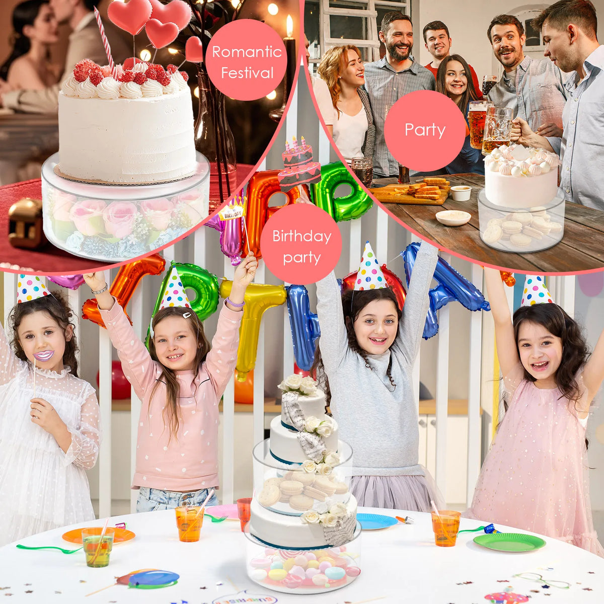 support gâteaux transparent moderne exposition pâtisserie anniversaire mariage décoration table respectueux environnement couvertures motifs