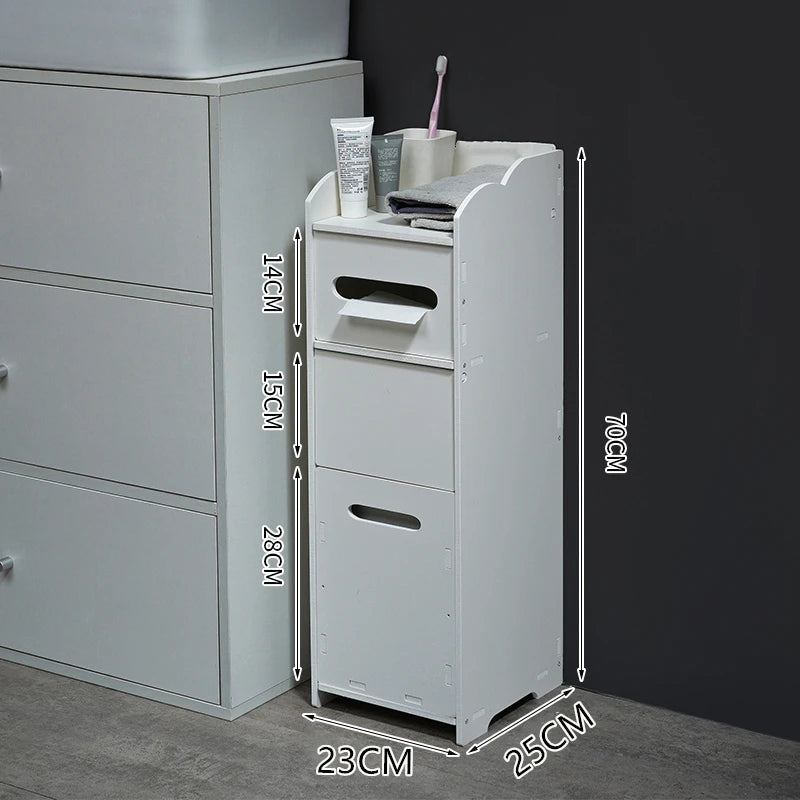 meuble rangement salle bain blanc moderne tiroir déchets étagères étroites