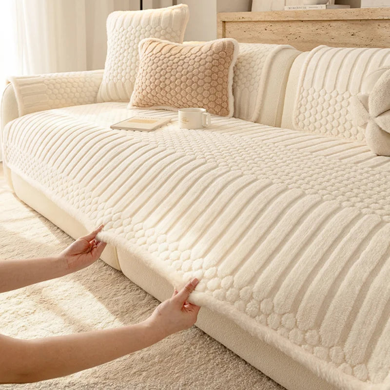 housse canapé sectionnel motif points ronds beige moderne coussins fixation
