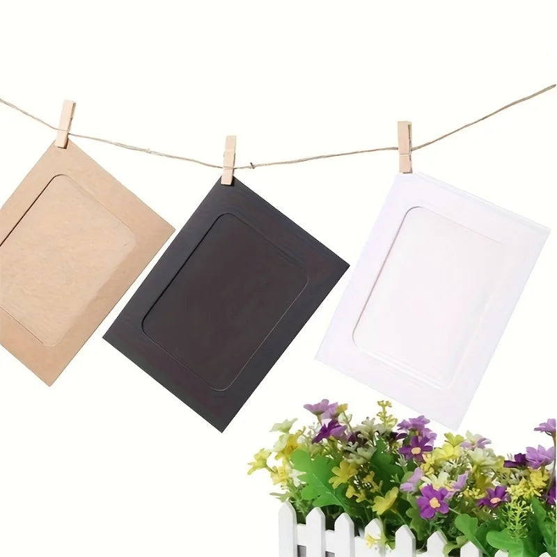 cadres photo papier kraft vintage clips bois cordelette décoration mur anniversaire mariage fêtes