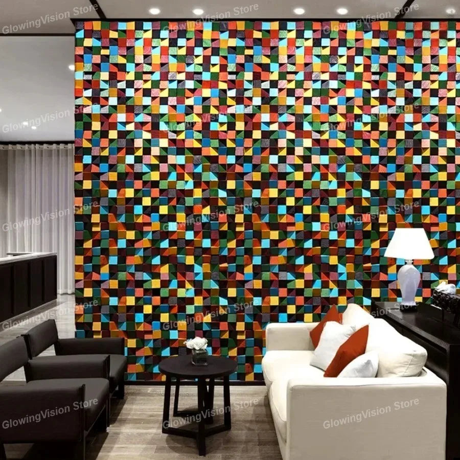 panneau mural décoratif 3d géométrique abstrait moderne triangles bois peints rouge orange Jaune Vert