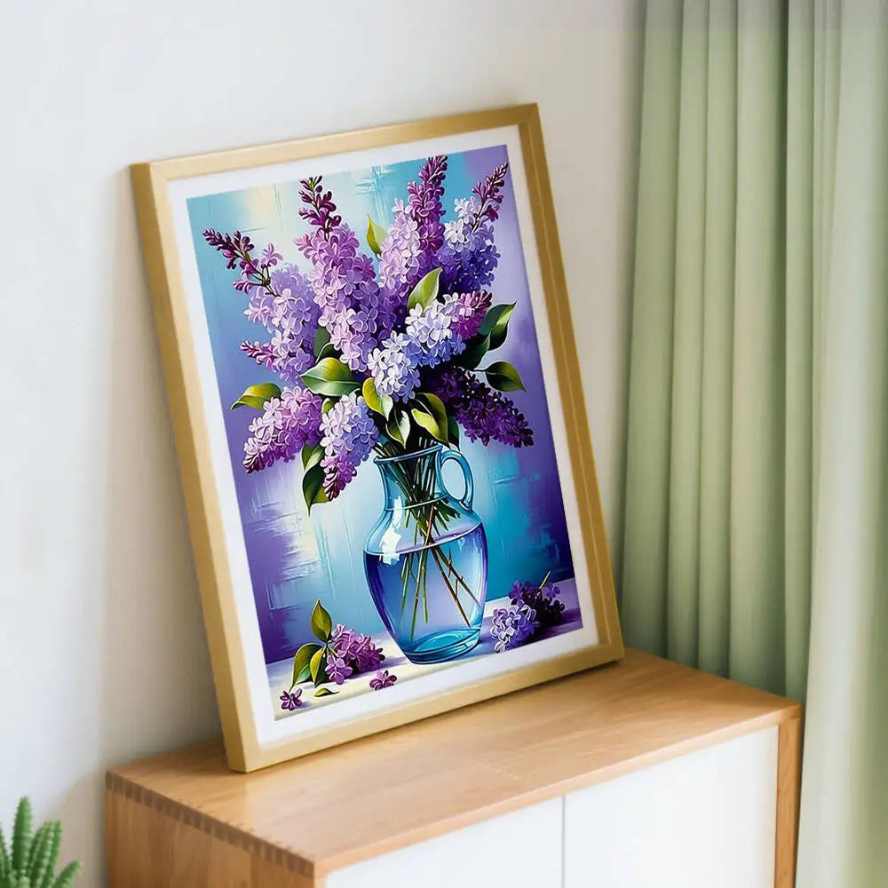 kit broderie diamant bouquet lilas vase verre bleu floral réalistes instructions violet lavender bleu