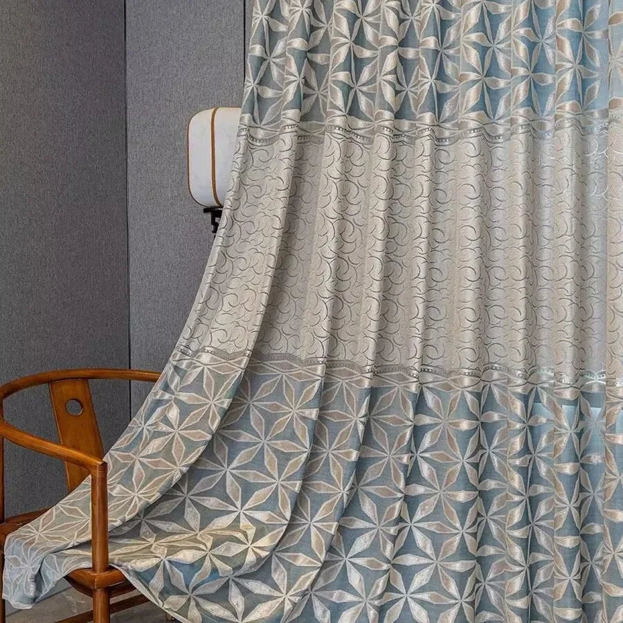 rideau occultant moderne bleu clair beige motif géométrique étoiles fleurs fenêtre salon chambre maison
