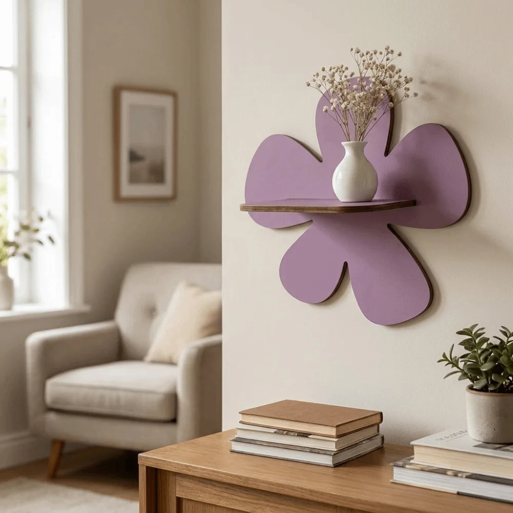 étagère murale bois fleur rose violette moderne adhésive plantes objets deco chambre enfants