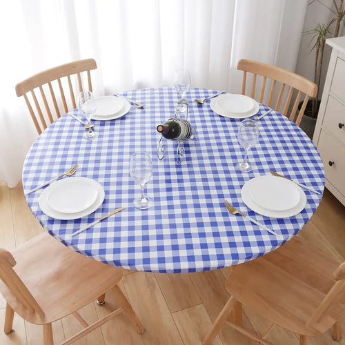 nappe table ronde imperméable pvc motif feuilles bleu clair blanc bord élastique cuisine