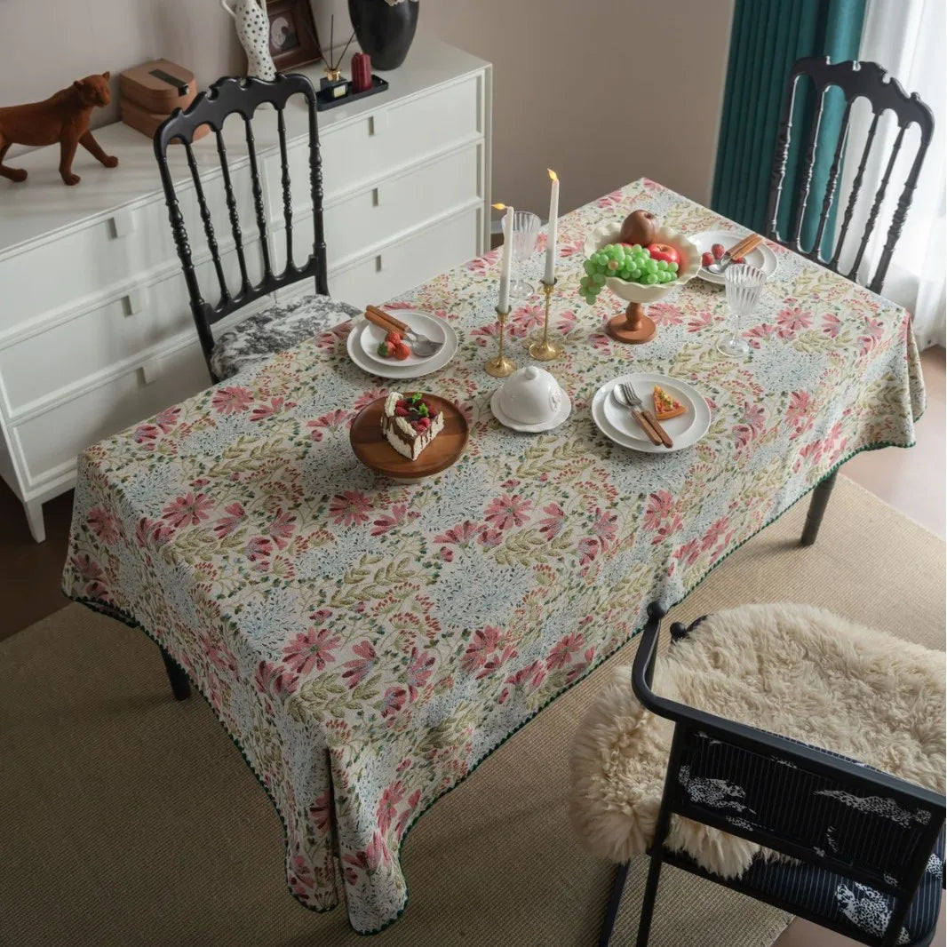 nappe table imprimée fleurs motifs floraux beige rose verte réutilisable machine toute l'année maison
