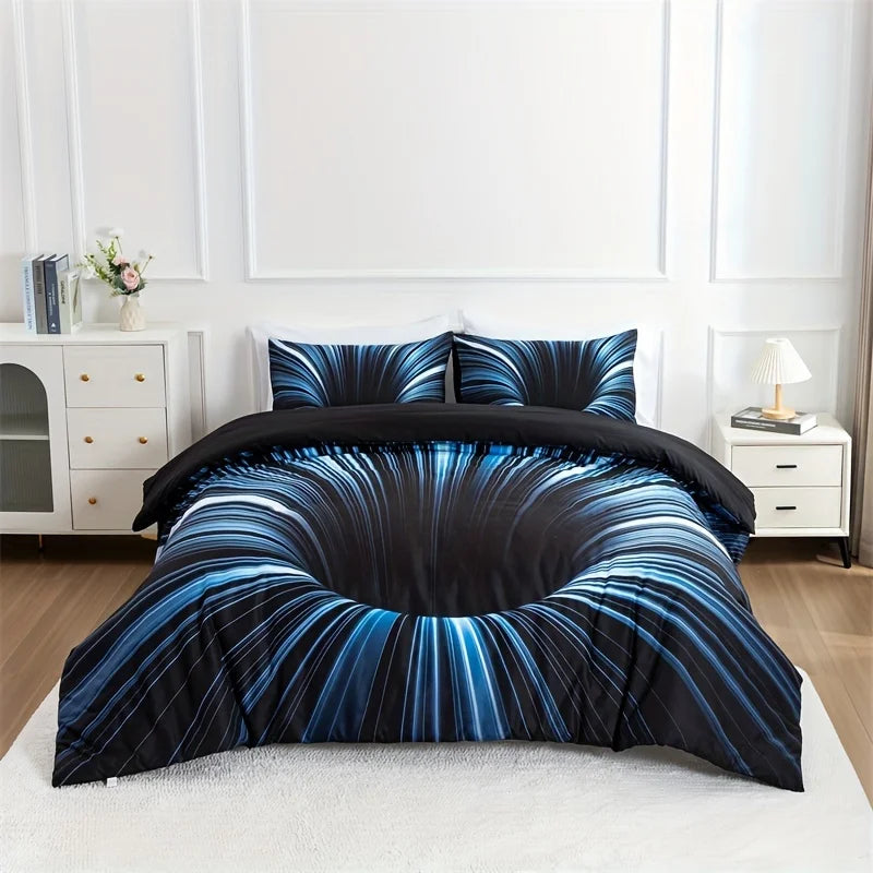ensemble literie moderne noir bleu blanc rayures diagonales impression 3d polyester brossé double king