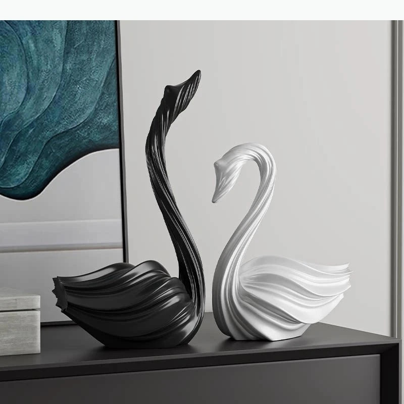décoration intérieure statuette cygne noir blanc moderne élégante vase fleuri minimaliste