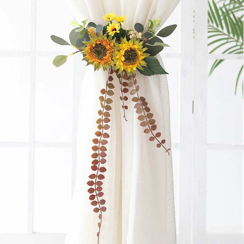 rideaux polonais sangles fleurs réalistes deco champêtre eucalyptus tournesols roses pivoines semi transparents 30x60cm