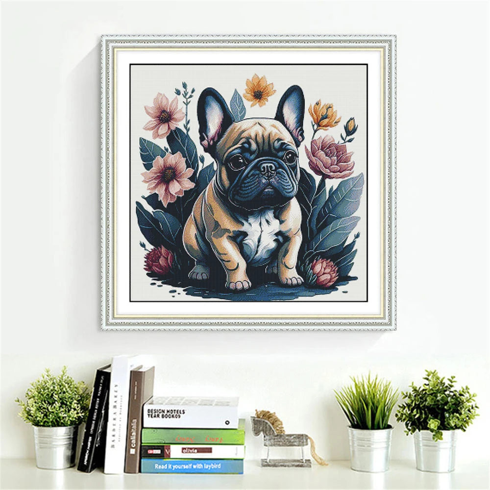 kit broderie chien fleurs multicolore toile imprimée coton instructions outils moderne
