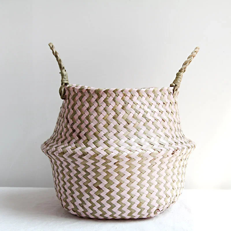 panier pliable boho blanc rose poignées tressées zigzag doré herbe mer fleurs artificielles rangement