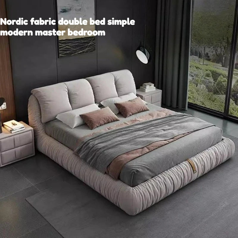 lit double gris plissé moderne rangement bois tissu composite chambre coucher