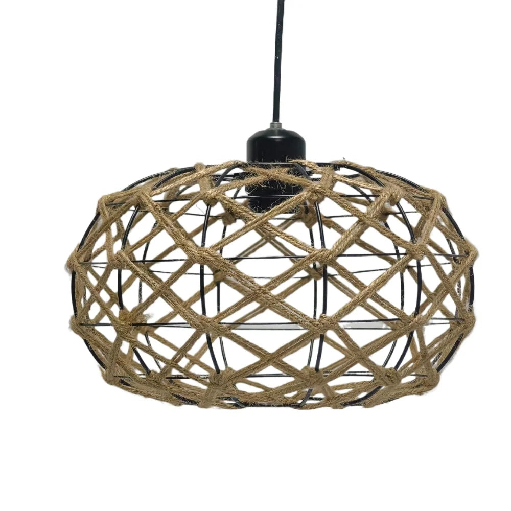 lampe suspendue tissage main cordes chanvre cadre métallique boho rustique naturel bois