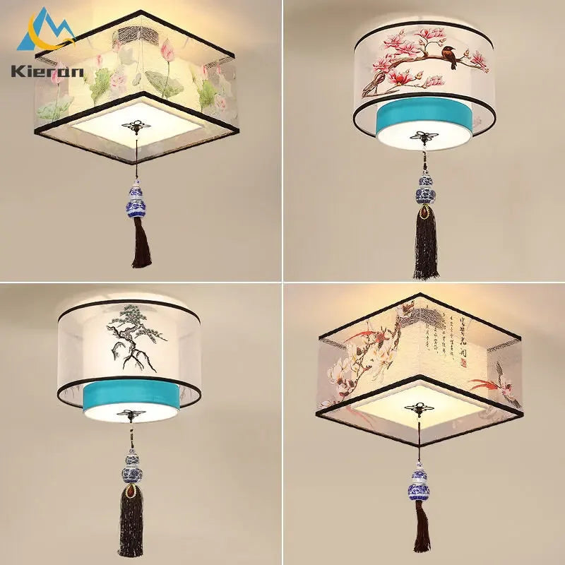 plafonnier led oriental fleurs oiseaux ceramique tissu salon chambre decoration classique blanc