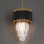suspension lumineuse moderne or noir cristal led rayures horizontales verre transparent élègante chaîne métallique