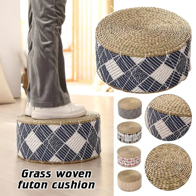 coussin futon rond tissé motifs géométriques beige bleu marine blanc boho rustique