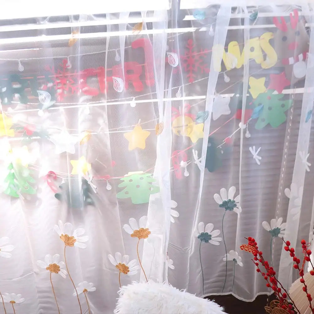 rideau transparent motif floral marguerites tulle polyester fin festif décoration noël blanc jaune doré