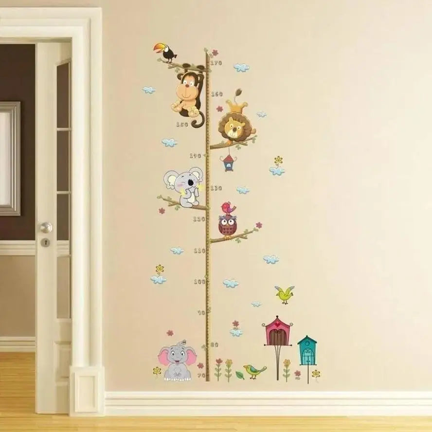 stickers muraux animaux enfants jaunes bleus verts mesure décoration chambre singes éléphant hiboux fleurs