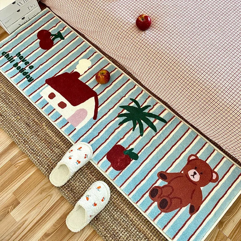 tapis doux rayures ours animé moderne chambre fille bleu blanc rouge vert marron