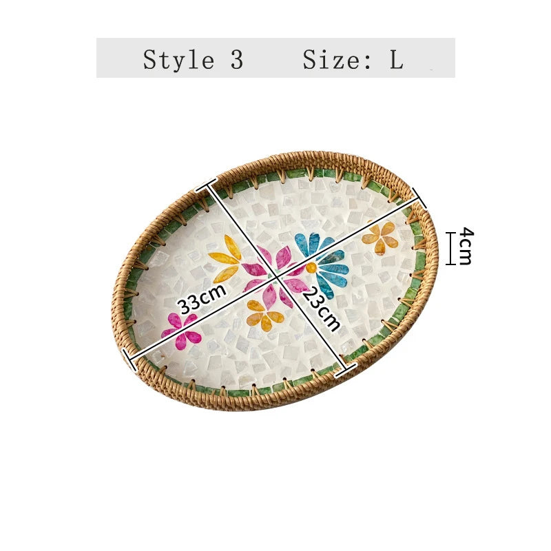 assiettes ovales rotin mosaïque coquillages boho rustique multicolore thé collations