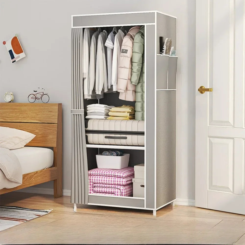 armoire vêtements moderne gris blanc bordeaux bleu marine tissu uni étagères portes coulissantes boîtes